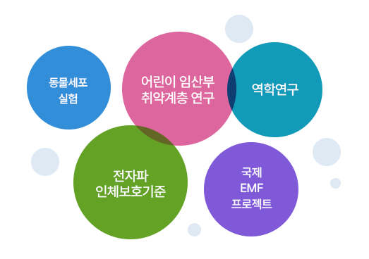 5개의 원형 도형이미지 : 동물세포실험, 어린이임산부 취약계층 연구, 역학연구, 전자파 인체보호기준, 국제 EMF 프로젝트가 적힌 원형 도형이미지 