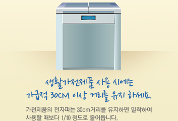 생활가전제품 사용 시에는 가급적 30cm 이상 거리를 유지 하세요.가전제품의 전자파는 30cm거리를 유지하면 밀착하여 사용할 때보다 1/10 정도로 줄어듭니다.