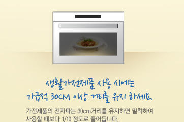 생활가전제품 사용 시에는 가급적 30cm 이상 거리를 유지 하세요. 가전제품의 전자파는 30cm거리를 유지하면 밀착하여 사용할 때보다 1/10 정도로 줄어듭니다.