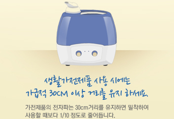 생활가전제품 사용 시에는 가급적 30cm 이상 거리를 유지 하세요. 가전제품의 전자파는 30cm거리를 유지하면 밀착하여 사용할 때보다 1/10 정도로 줄어듭니다.