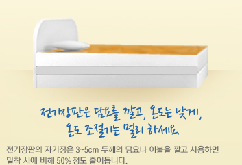 전기장판은 담요를 깔고, 온도는 낮게, 온도 조절기는 멀리 하세요. 전기장판의 자기장은 3~5cm 두께의 담요나 이불을 깔고 사용하면 밀착 시에 비해 50%정도 줄어듭니다.