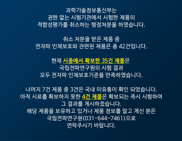 과학기술정보통신부는 권한없는 시험기관에서 시험한 제품의 적합성평가를 취소하는 행정처분을 하였습니다. 취소 처분을 받은 제품 중 전자파 인체보호와 관련된 제품은 총42건입니다. 현재 시중에서 확보한 35건 제품은 국립전파연구원의 시험결과 모두 전자파 인체보호기준을 만족하였습니다. 나머지 7건 제품 중 3건은 국내 미유통이 확인되었습니다. 아직 시료를 확보하지 못한 4건제품은 확보되는 즉시 시험하여 그 결과를 게시하겠습니다. 해당제품을 보유하고 있거나 제품정보를 알고 계신분은 국립전파연구원(031-644-7461)으로 연락하여 주시기 바랍니다.
