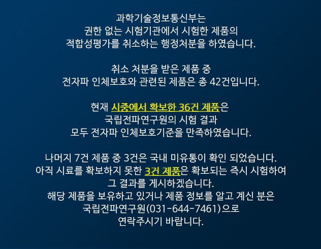 과학기술정보통신부는 권한없는 시험기관에서 시험한 제품의 적합성평가를 취소하는 행정처분을 하였습니다. 취소 처분을 받은 제품 중 전자파 인체보호와 관련된 제품은 총42건입니다. 현재 시중에서 확보한 35건 제품은 국립전파연구원의 시험결과 모두 전자파 인체보호기준을 만족하였습니다. 나머지 7건 제품 중 3건은 국내 미유통이 확인되었습니다. 아직 시료를 확보하지 못한 4건제품은 확보되는 즉시 시험하여 그 결과를 게시하겠습니다. 해당제품을 보유하고 있거나 제품정보를 알고 계신분은 국립전파연구원(031-644-7461)으로 연락하여 주시기 바랍니다.